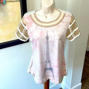 INCREDIBLE T-SHIRT BY VANESSA LIMA.. EIFFEL TOWER  AMID MUTED PINK AND BEIGE